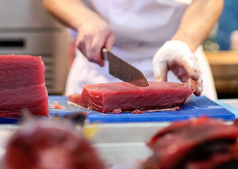 Chef cutting fresh tuna fish in the kitchen. Photo by: Adobe Stock.