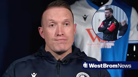 Phil Jones speaking to Blackburn's media team, with a circular inset of James Morrison as West Brom manager alongside.