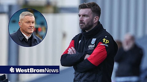 James Morrison in the dugout for West Bromwich Albion, with a circular inset of Paul Robinson.