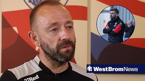 Matt Gill speaking to Rangers' media team, looking at a circular inset of James Morrison.