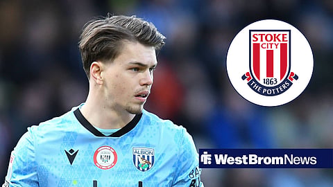 West Brom goalkeeper Josh Griffiths in action, Stoke City badge in inset.