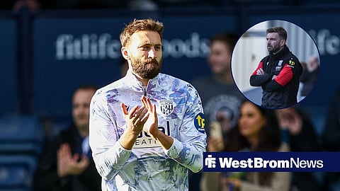 Nat Phillips warming up for West Bromwich Albion, looking at a circular inset of James Morrison.