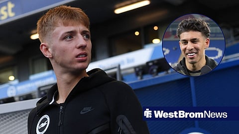 Tommy Watson warms up for Brighton, looking at a circular inset of Jeremy Sarmiento speaking to West Brom's media team.