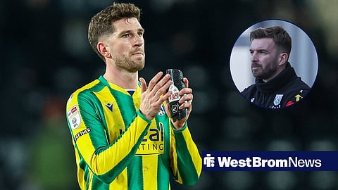 Chris Mepham applauding as a West Brom player, looking at a circular inset of James Morrison.