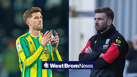 Split image of Chris Mepham clapping West Brom fans after a Championship game and James Morrison managing West Brom from the sidelines