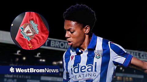 Isaiah Bryan in a West Brom shirt, Liverpool badge in inset