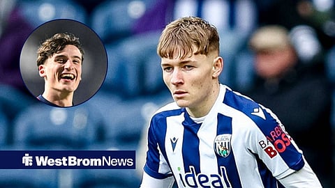 Ollie Bostock in action for West Brom, with Barney Stewart in a circular frame inset