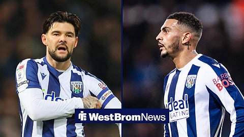 Split image of West Brom midfielder Alex Mowatt with the captain's armband and Karlan Grant looking on while he plays for the Baggies