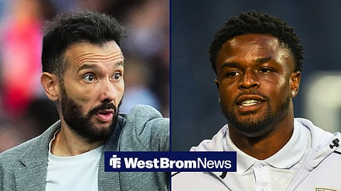 Split image of Carlos Corberan managing Valencia from the touchline and Josh Maja warming up during his time at West Brom