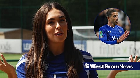 Tara Kirk with hands in air after West Brom signing with Jack Grealish applauding in circular inset