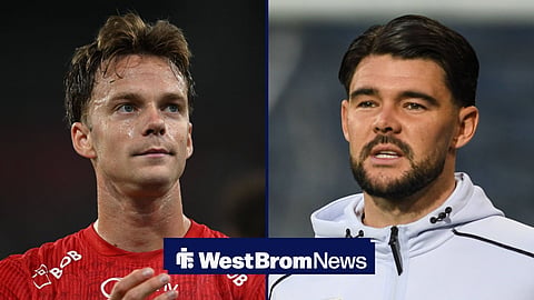 SK Brann's Felix Horn Myhre and West Brom player Alex Mowatt before a match.