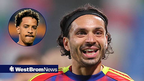 Main image of Filip Krovinovic smiling and former West Brom teammate Matheus Pereira's face in a circulat inset on the left