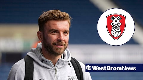 West Brom boss James Morrison and Rotherham badge in inset
