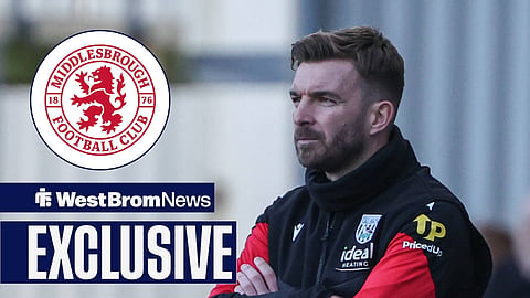 West Brom boss James Morrison and Middlesbrough badge in inset