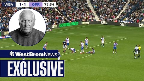 An image showing West Brom playing QPR at The Hawthorns. On the left is a smaller black-and-white picture of ex-referee Keith Hackett.