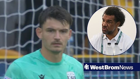 An image showing Max O'Leary playing for West Brom against Wolves. To the right is a circle with Don Goodman in it.