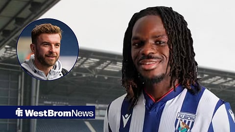 Brayann Pereira in a West Brom kit, and James Morrison in a circular frame inset to his left