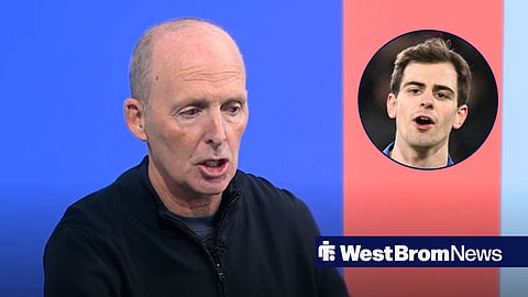 Main image of Mike Dean and West Brom midfielder Jayson Molumby's face in a circular inset on the right