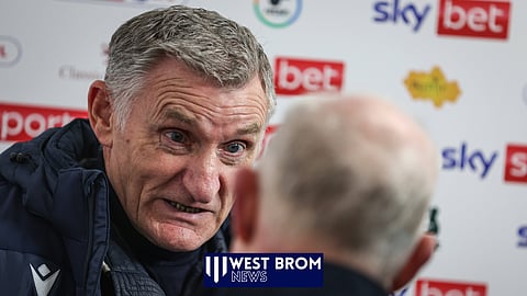 West Brom manager Tony Mowbray talks to the media. (Credit: Imago)