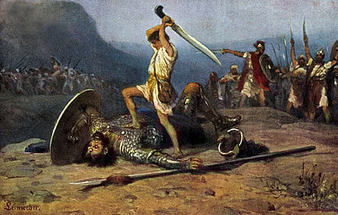 David's victory over Goliath, as depicted by artist Anton Robert Leinweber (1845-1921.) Writer Hymie Rubenstein takes issue with those who deny the ancient Jewish relationship with present-day Israel, and especially those who attempt to use the tension between Israel and its Arab neighbours as a metaphor for relations between Canada and its indigenous peoples.