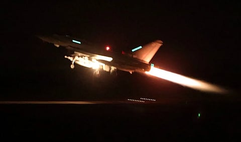 An RAF Typhoon aircraft takes off to join the US-led coalition from RAF Akrotiri to conduct air strikes against military targets in Yemen.