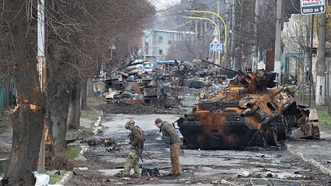 The main street in Bucha, Ukraine, the scene of many atrocities after the Russian invasion in 2022. Ukraine is looking to Alberta to help rebuild its critical infrastructure.