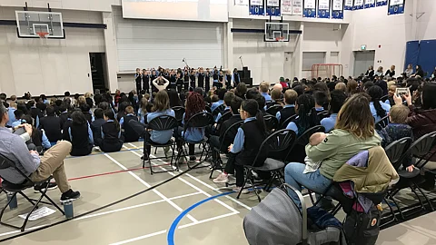 Morning worship at Bearspaw Christian School. With around 800 in-house students and an even larger number of home school students in its orbit, the school buildings were paid for by parents and well-wishers. Columnist Hilton O'Brien takes note of how the Government of Alberta has introduced legislation to protect independent schools