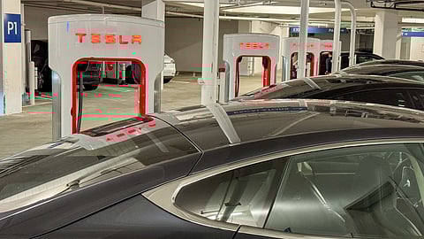 Row of Tesla chargers