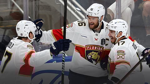 Panthers’ captain Aleksander Barkov grins through his supposedly broken jaw after a second period goal that sank the Oilers on Thursday.