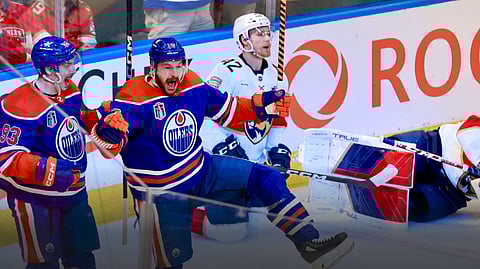 Oilers’ Zach Hyman celebrates his second period goal that put the team in Game Seven of the Stanley Cup final for the first time since the Toronto Maple Leafs won it all in 1942.