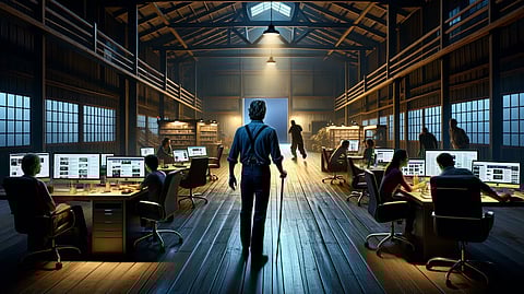 AI rendering of Derek Fildebrandt terrorising the Western Standard newsroom with his cane.