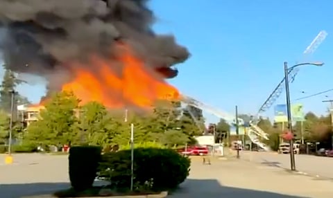 A mass timber fire in Vancouver, earlier this month, in an almost complete six-storey apartment block. The intense heat melted the foundations of the crane, seen collapsing to the right.