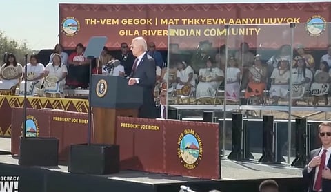 U.S. President Joe Biden speaks at the Gila Crossing Community School in the Gila River Indian Community in Arizona on Friday. Writer Hymie Rubenstein compares his apology for the American Indian Residential School system to that of Canada.