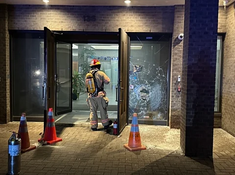 A firefighter on the scene after a firebomb was thrown at Beth Tikvah Synagogue, Montreal, Dec. 18, 2024.