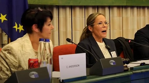 Flanked by MEP Christine Anderson, Freedom Convoy leader Tamara Lich addresses the European Parliament