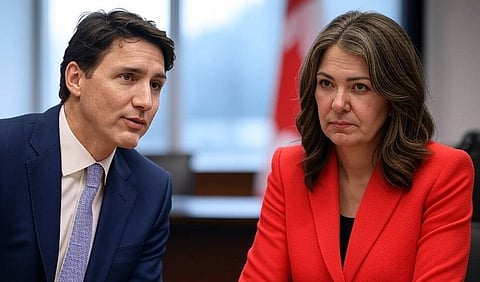 A rendering of Alberta Premier Danielle Smith and Canadian Prime Minister Justin Trudeau