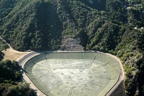 The empty Santa Ynez Reservoir in Los Angeles