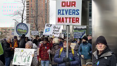 Protestors outside the Alberta Energy Regulator offices in Calgary on Tuesday.