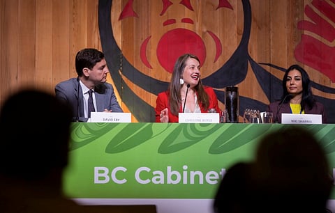 B.C. Premier David Eby, Indigenous Relations Minister Christine Boyle and Attorney General Niki Sharma take part in the annual leadership forum in Vancouver with 1,500 Indigenous delegates from across the province, Jan. 21, 2025.