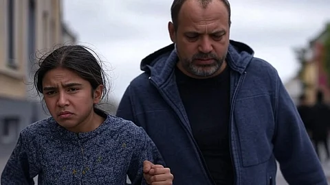 A rendering of a girl being escorted by an elder