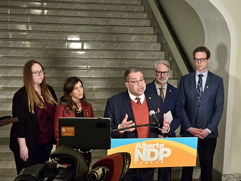 Alberta NDP leader Naheed Nenshi speaks with media on February 27 at the Alberta Legislature