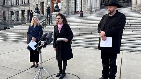 MLA Dallas Brodie speaks to reporters at the B.C. legislature Monday, March 10, flanked by Tara Armstrong and Jordan Kealy, B.C. Conservative MLAs who resigned from the party caucus to support her. They intend to sit as independents or form a new party
