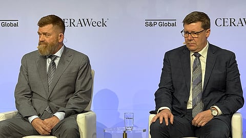 Alberta Energy and Minerals Minister Brian Jean and Saskatchewan Premier Scott Moe in Houston on Tuesday.