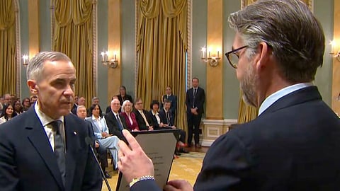 Clerk of the Privy Council John Hannaford administers the oath to Mark Carney at Rideau Hall this morning, making Carney Canada's 24th prime minister.
