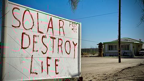 Sign adjacent the Athos solar farm in California. Rural Alberta residents are now voicing similar concerns over land reclamation snd visual blight.