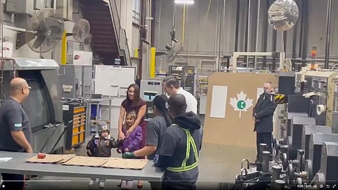 Conservative Leader Pierre Poilievre, accompanied by his wife Ana and their children, do a photo-op in the Kruger factory in Mississauga.