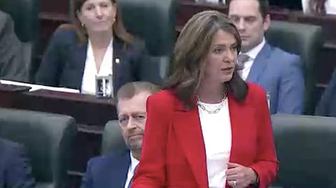 Alberta Premier Danielle Smith delivers a speech in the Alberta Legislature on Wednesday, March 26, 2025
