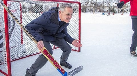 Mark Carney hams it up on the ice, the day he announced his candidacy for the leadership of the Liberal Party. Writer Herb Pinder reviews his resumé for prime minister