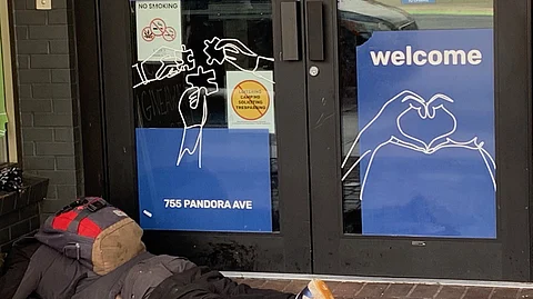 Free drugs, free food, free fall: entrance to downtown Victoria’s primary street outreach facility. In B.C., “safer supply” drugs are now given out under supervision, and hard drug consumption is restricted to private areas.