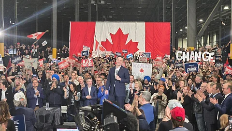 Conservative Party of Canada leader Pierre Poilievre in Nisku Alberta on April 7,2025